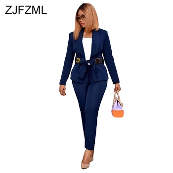 

Fall Winter Solid Sext Two Piece Blazer Set Women Clothes Notched Full Sleeve Bow Belt Blazers and Straight Pants Plus Size Set