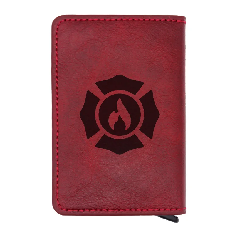 

Red Fire Fighters Control Credit Card Holder Blocking Rfid Wallet PU Leather Unisex Casual Security Information Aluminum Purse