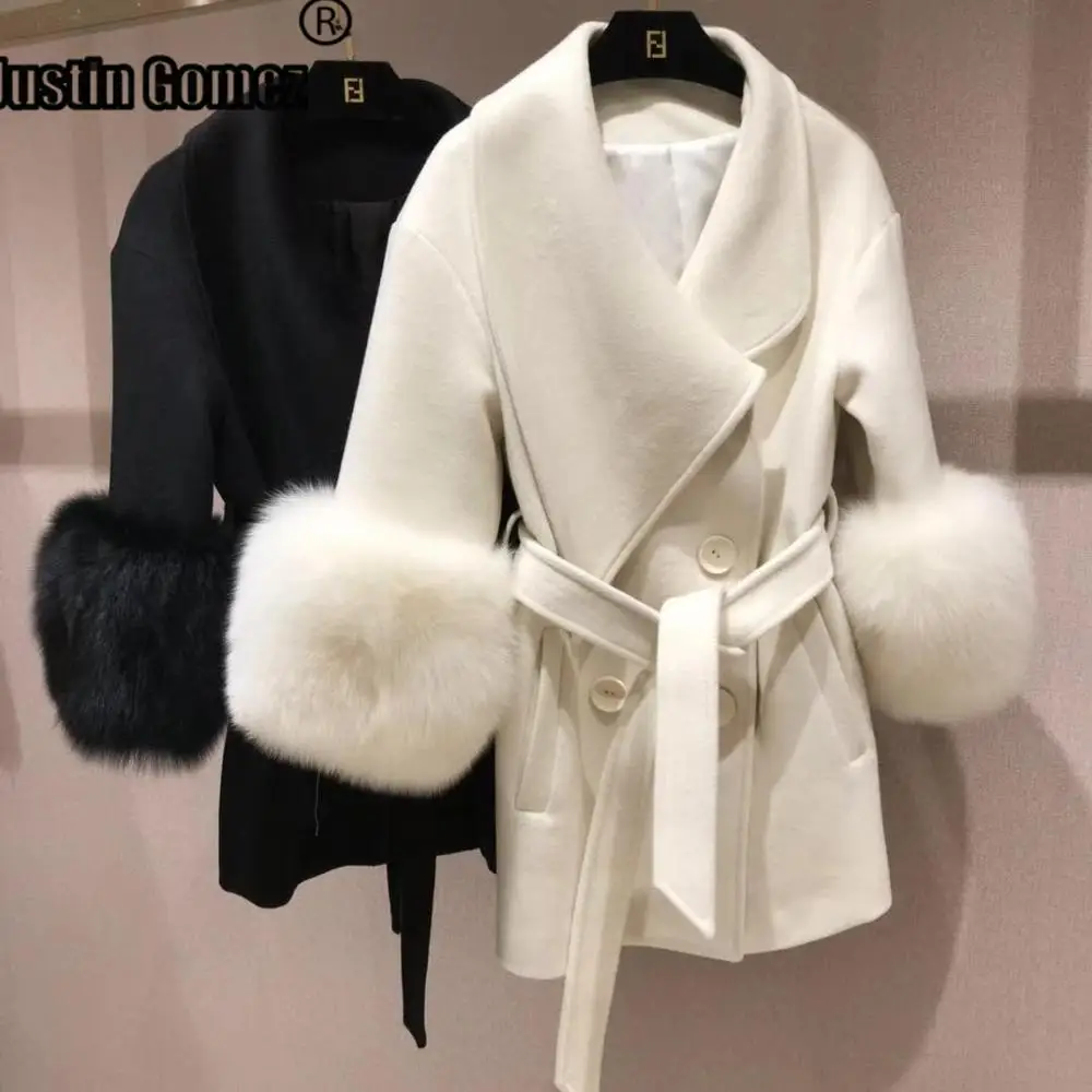 

Real Fox Fur Collar Cashmere Wool Coat Double-breasted Bell Sleeve Thicken Warm Classic Feminine Coat Women Outwear Winter Coat