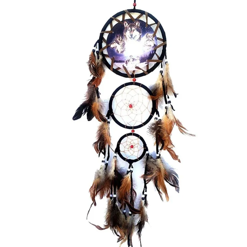 

2018 Creative Wall Decorations Wolf Pattern Indian Dreamcatcher Retro Feathers Ornament Dream Catcher Home Decor PGM