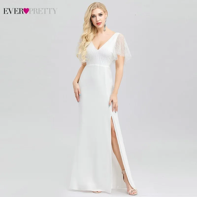 White Сексуальные белые вечерние платья Ever Pretty, с двойным v-образным вырезом, с разрезом по бокам, с оборками, с рукавами, сверкающие, Вечерние платья Русалка, Robe De Soiree - Цвет: White