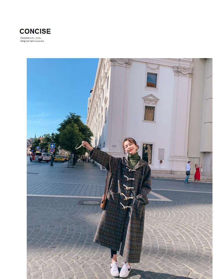 Фотосессия CHIC для любителей литературы и искусства по возрасту переключения, классическое платье в клетку джинсы прямого покроя с длинным капюшоном Шерстяное полупальто Осенняя женская обувь