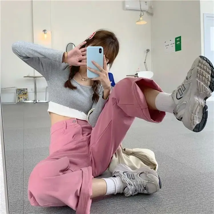 Hot Pink Pants Jeans y2k Baggy Women Straight Leg Denim Streetwear High  Waist Women's Loose Pants Clothing Fashion 2022