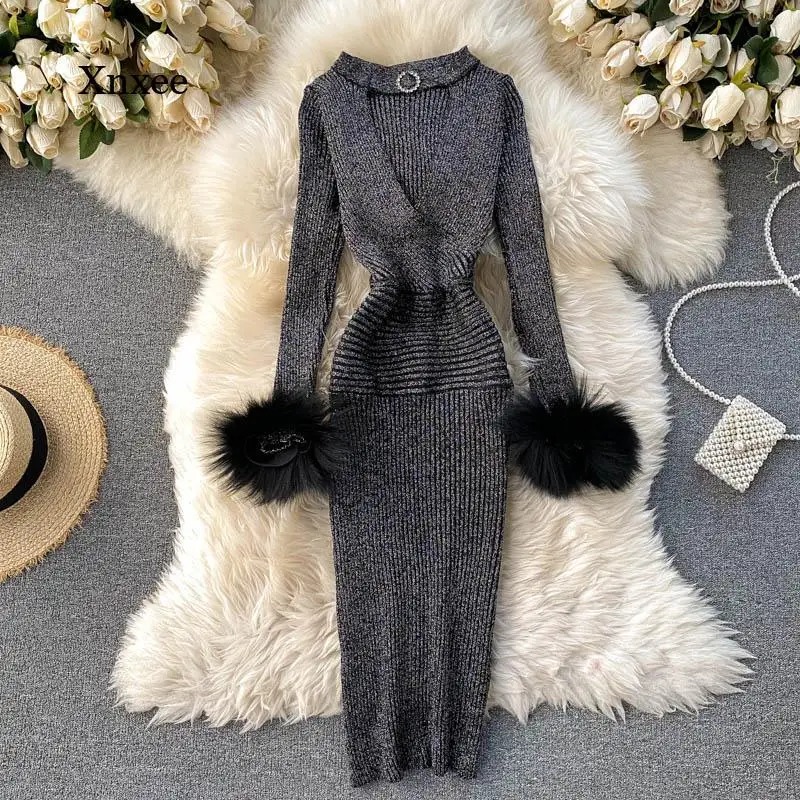 

Women Knitted Midi Dress Good Quality Luxury Shining Sexy Hollow Out V-Neck Halter Bodycon Party Pencil Dress Fashion Bodycon