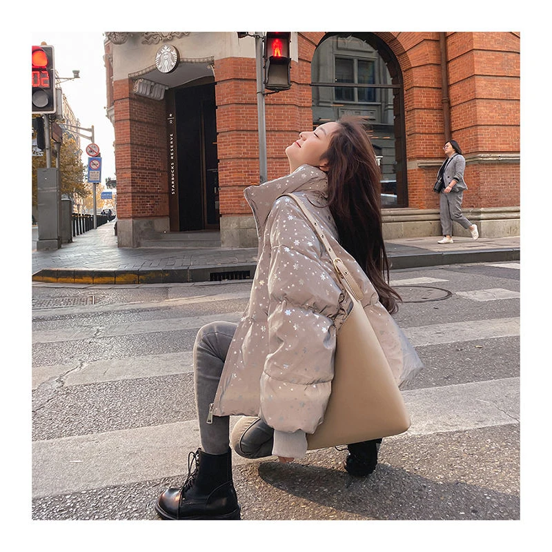 

2020 new snowflake reflective cotton clothes women's large size loose tide ins short wild bread jacket winter thickening