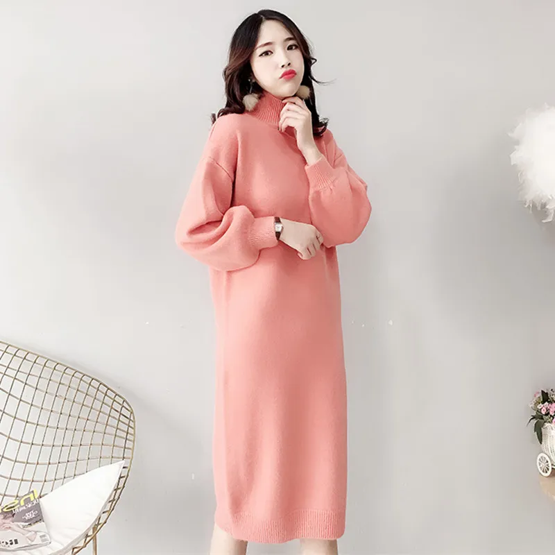 

Winter Thick Turtleneck Sweaters Women Long Pink Solid Color Casual Loose Knitted Sweater Dress Jumper Female Fashion 2019