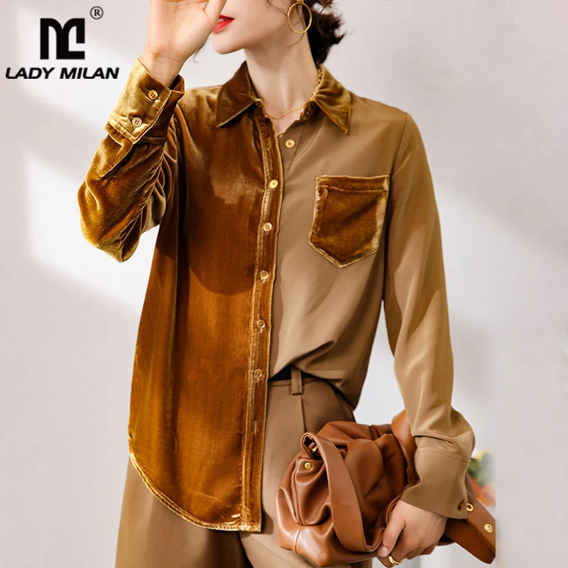 100% Silk Women's Runway Shirts Turn Down Collar