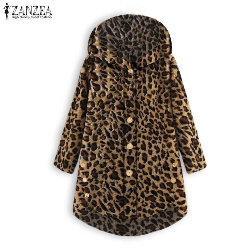 

2019 Plus Size Women Jackets Leopard Pullover ZANZEA Autumn Fluffy Coats Button Long Sleeve Hooded Outerwear Asymmetrical Tops