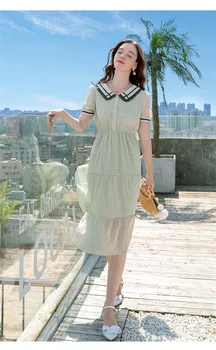 

Summer dress dot chiffon dresses A-line peter pan collar women's dress slim collect waist mid-length women's summer sundress new