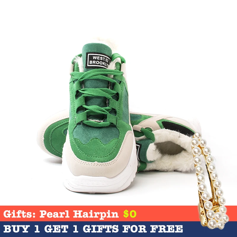 green with plush FUJIN/Женские повседневные кроссовки; зимние кроссовки с Плюшевым Мехом; теплая женская обувь; женские ботинки на шнуровке; женская обувь на платформе - Цвет: green with plush