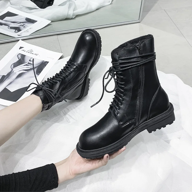 

Lace Up Low Heels booties Women's Short Boot Round Toe Lady Boots Shoes Leather Booties Mid-Calf Mid Calf Ladies Rock Black Ridi