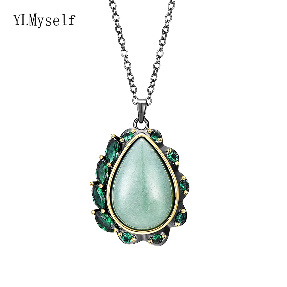 

Brass Metal Big Green Natural Aventurine Stone Pendant Black 55 CM Chain Teardrop Trendy Jewelry Gift For Mom