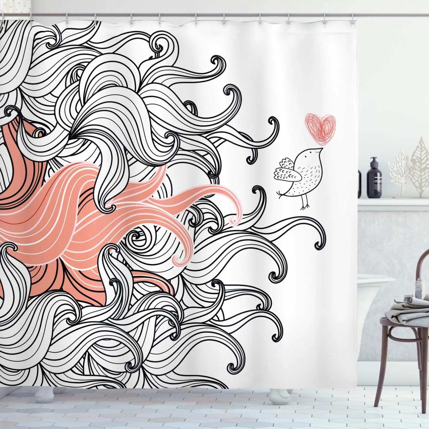 Modern Shower Curtain Graphic Swirls Wave Like Minimalist Pattern with Bird and Hearts Abstract Cloth Bathroom Decor Set | Дом и сад