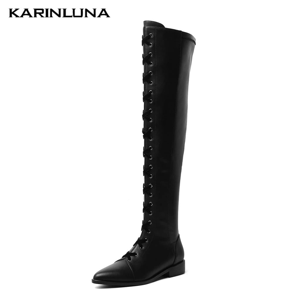 Karinluna Brand Genuine Leather Thigh High Boots Leisure Shoelaces Lady Chunky Heels Women Shoes Woman Over The Knee Boots