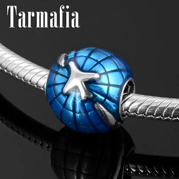 

Real 925 Sterling Silver Blue Enamel Earth and plane Round Beads Charm Accessories Fit Original Women Charm Bracelets Jewelry