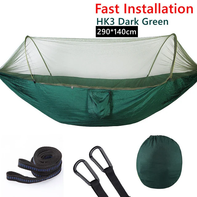 Dark Green 290*140 см двойной гамаки всплывающие дерево палатка портативный Открытый Кемпинг гамак с москитной сеткой сад пляж подвесная кровать - Цвет: Dark Green