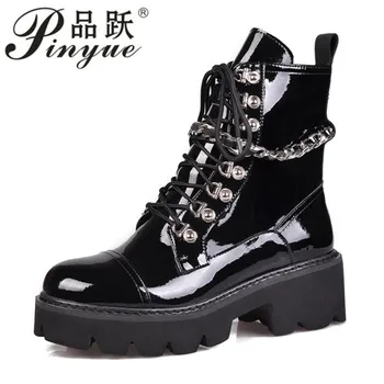 

Patent Leather Womens Ladies Doc Ankle Boots Mid Heel Lace Up Worker Army Black Goth Shoes Autumn Sexy Chain High Quality