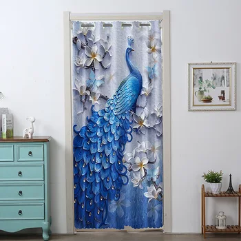 

Custom Made Cloth Blackout Door Curtains Blue Peacock Print Nordic Style Fitting Room Partition Curtains For Restaurant kitchen