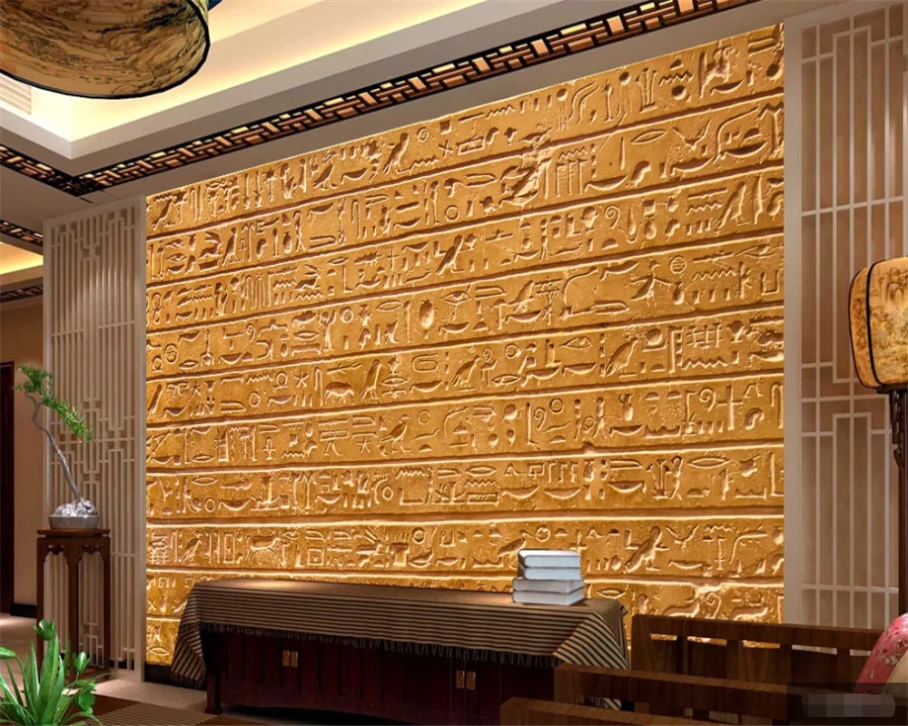 

Customized 3D Wallpaper Egyptian Relief Stone Tablet Text Background Wall Painting