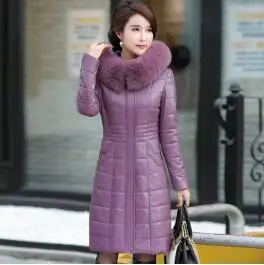Taro color Зимний кожаный пуховик для женщин, пальто из овчины, большие размеры, L-8XL, парки с капюшоном, женские толстые теплые длинные кожаные куртки - Цвет: Taro color