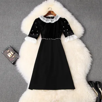 

Women Designer Runway Spring Dress 2020 New Elegant Short Sleeve Lace Collar Beading Pearls Short Black Velour Dress Party