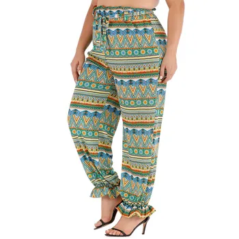 

2019 New Plus Size Women's Pants Vintage print trousers Ladies high waist Loose Drawstring pants Casual Female Fitness Trousers