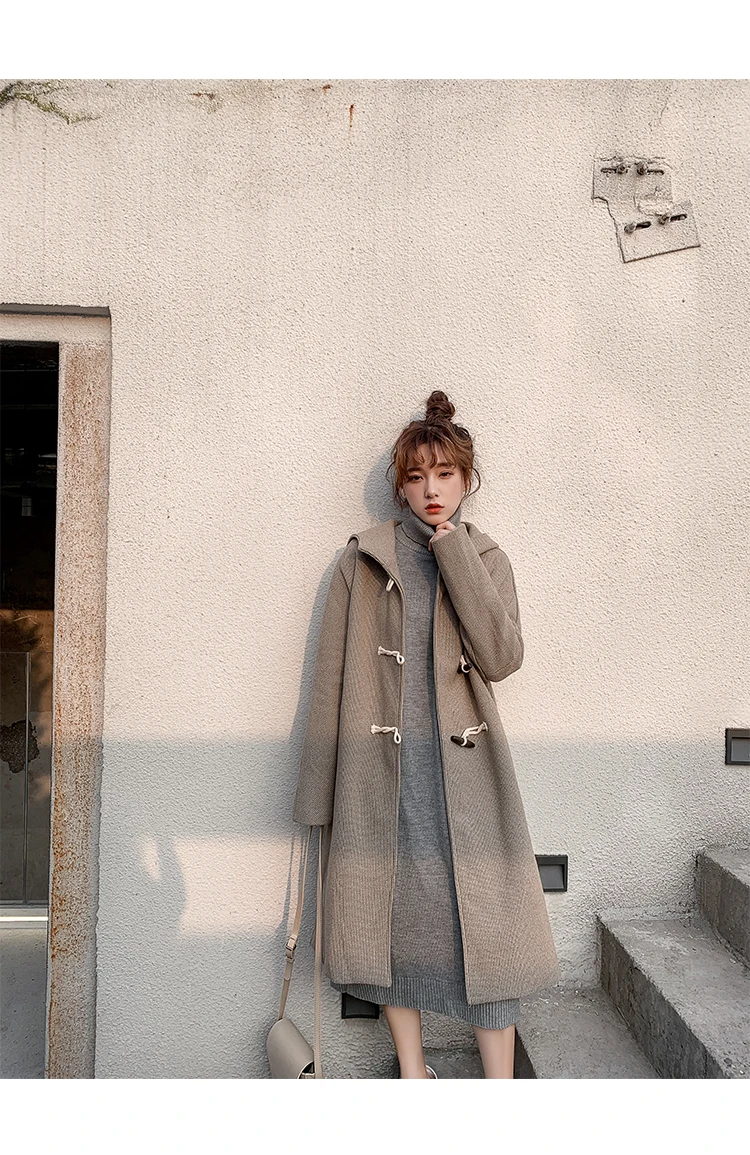 Зимнее новое шерстяное пальто, женское длинное стильное пальто, винтажное студенческое пальто с капюшоном и роговыми пуговицами, пальто с разрезом по бокам, корейское пальто