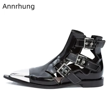 

Punk Style Metal Pointed Toe Boots Cozy Flat Ankle Boots Rivet Studded Buckle Strap Booties Side Hollow Short Botas Feminina