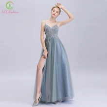 SSYFashion, новинка, сексуальное вечернее платье с v-образным вырезом, серое, зеленое, с блестками, с бисером, без спинки, в пол, вечерние платья, Robe De Soiree