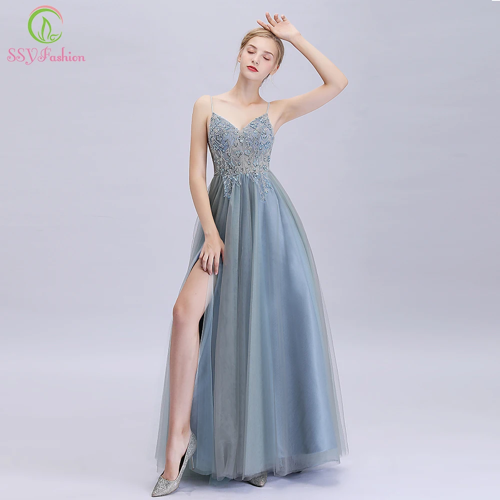 Женское вечернее платье до пола SSYFashion сексуальное серое и зеленое с Блестками