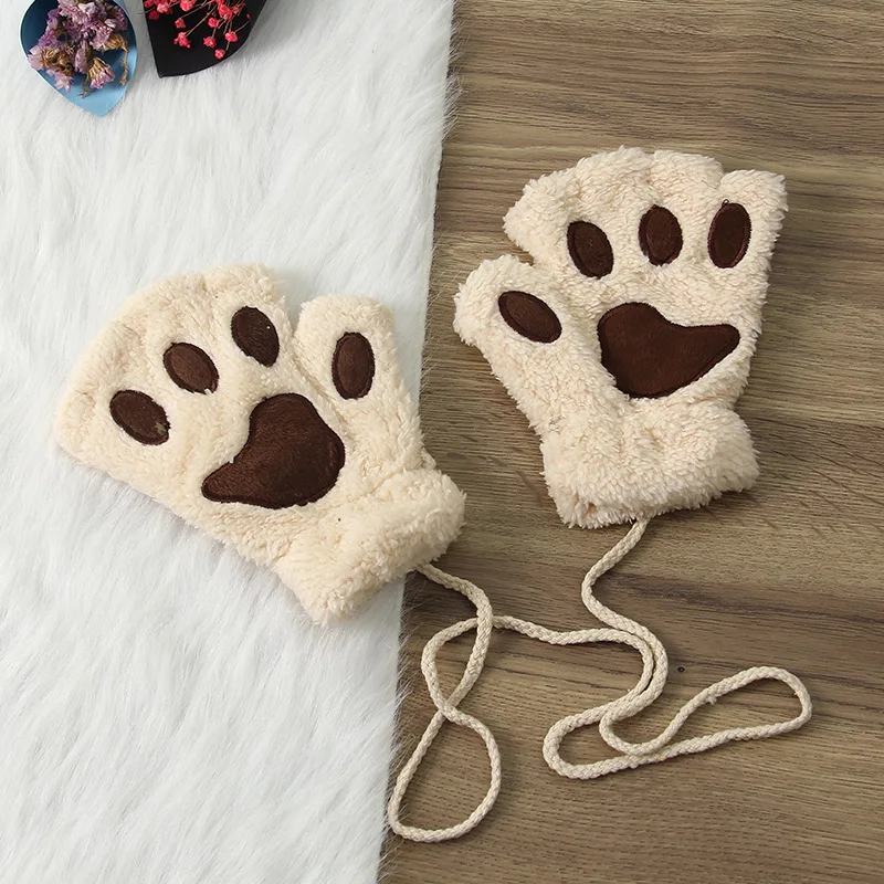 beige Женский медведь кошачья лапа с когтями зимняя рукавица прекрасные перчатки плюшевые перчатки без пальцев Рабочая безопасность теплые короткие перчатки - Цвет: beige