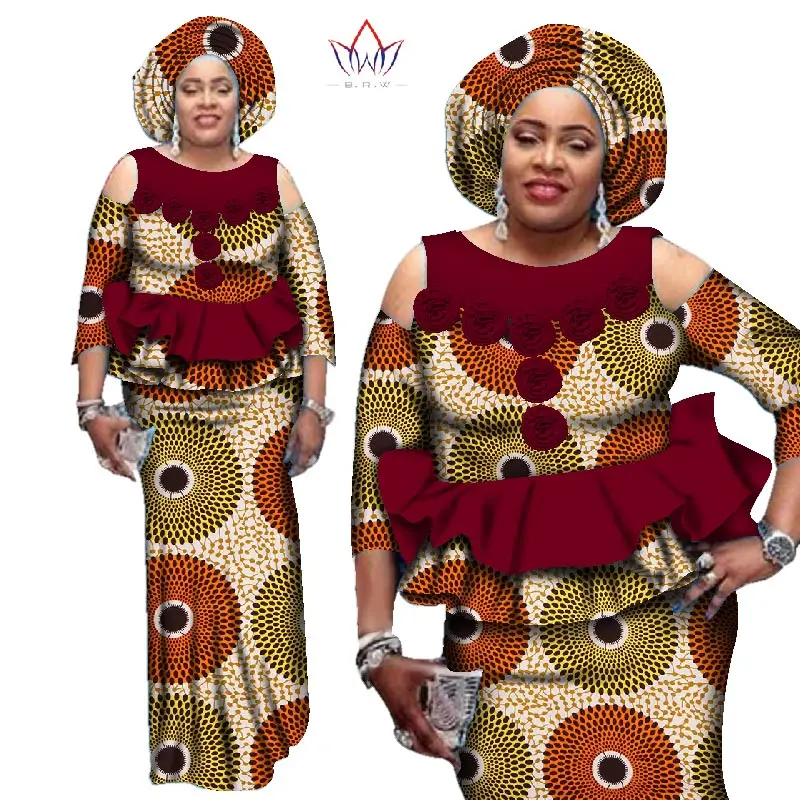 Африканский dashiki Двойка комплект Для Женщин Половина рукава Crop Топы корректирующие и длинная юбка Наборы для ухода за кожей в африканском стиле Русалка Макси Костюмы 6XL brw WY2544 - Цвет: 1