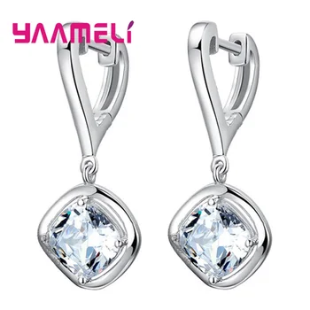 

Fashion Austrian Crystal Dangle Earrings For Women 925 Sterling Silver Square Shaped Shinning Drop Earrings Female Jewelry