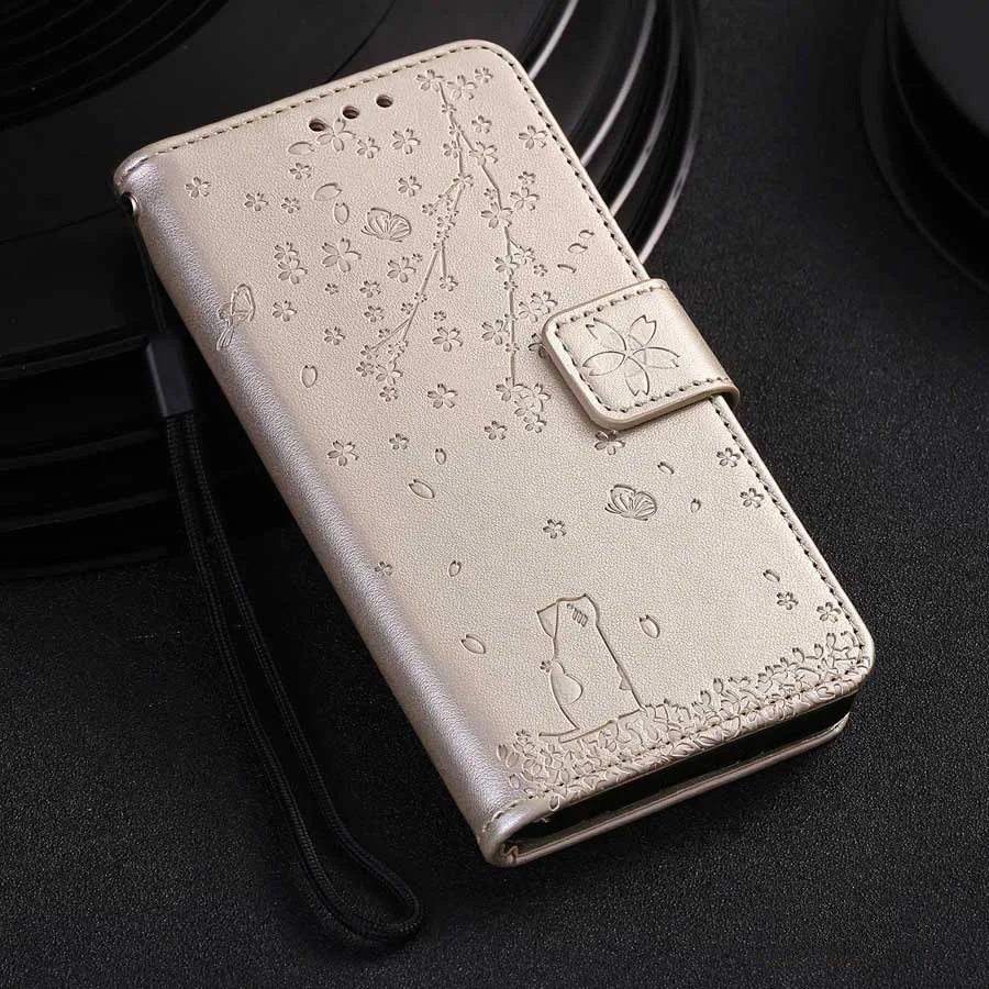Кожаный чехол книжка с милыми тиснеными цветами и котом для Xiaomi Redmi Note 7 8 Pro 8A K20 Mi A3