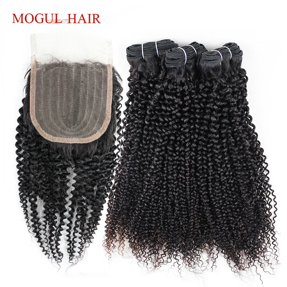 Kinky Curly Human Hair Bundles With 4x1 Lace Closure 10-26 inch Indian Remy Human Hair Weave Afro Style Natural Color MOGUL HAIR