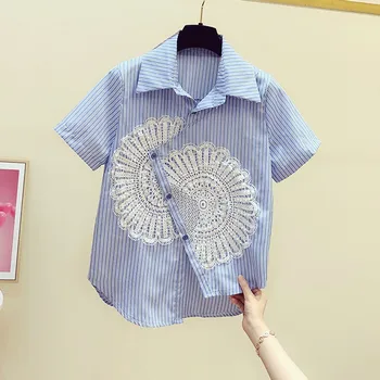 

Lace Patchwork Women Shirts 2020 Summer New Irregular Short-Sleeved Loose Casual Female Outwear Coat Tops