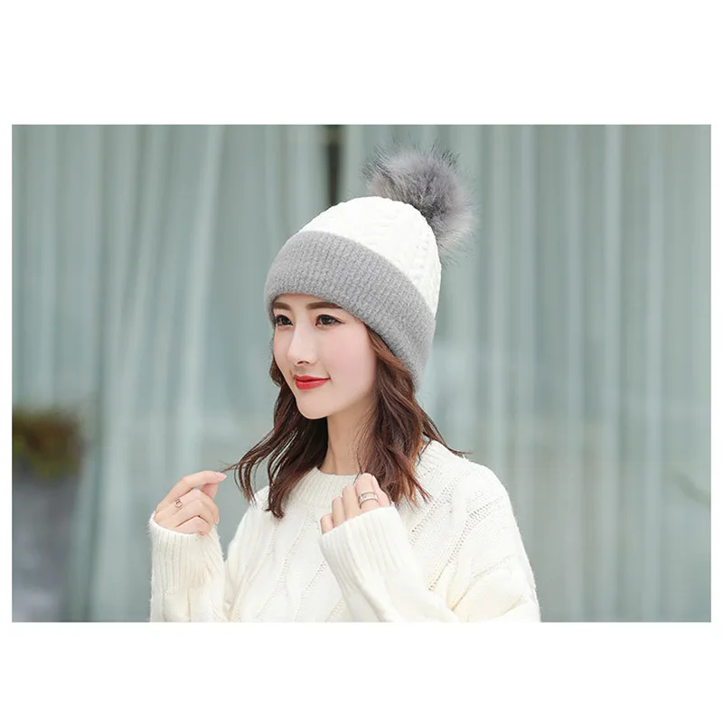 Новая зимняя шапка шарф 2/набор плюс бархатные шапки для женщин Толстая вязаная Лоскутная Кепка с помпоном женский снуд дамские шарфы с воротником