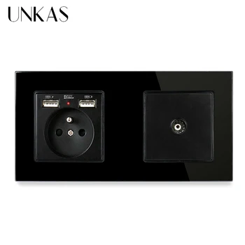 

UNKAS Luxury Glass Panel 2 Gang Wall 16A French Standard 172mm * 86mm + Dual USB Charge Port With Female TV Jack Outlet