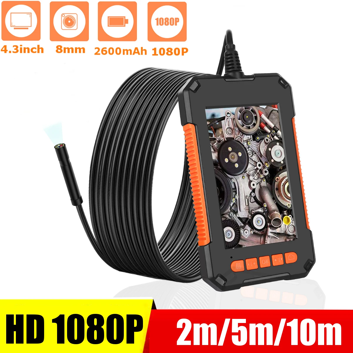 Industrial Endoscope Camera 1080P HD 4.3inch LCD Screen endoscope IP67 Waterproof borescope 8mm 8 LED lights 2600mAh Battery afbeelding