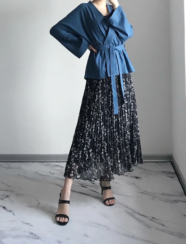 Women Skirt temperament floral pleated skirt women long section fresh print skirt