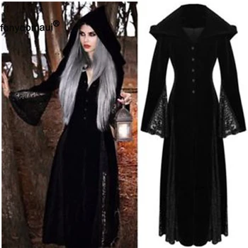 

Adult Women Vintage Gothic Halloween Cos Ghost Witch Costume Horror Black Lace Hooded Gown Robe Maxi Dress Large Size For Ladies