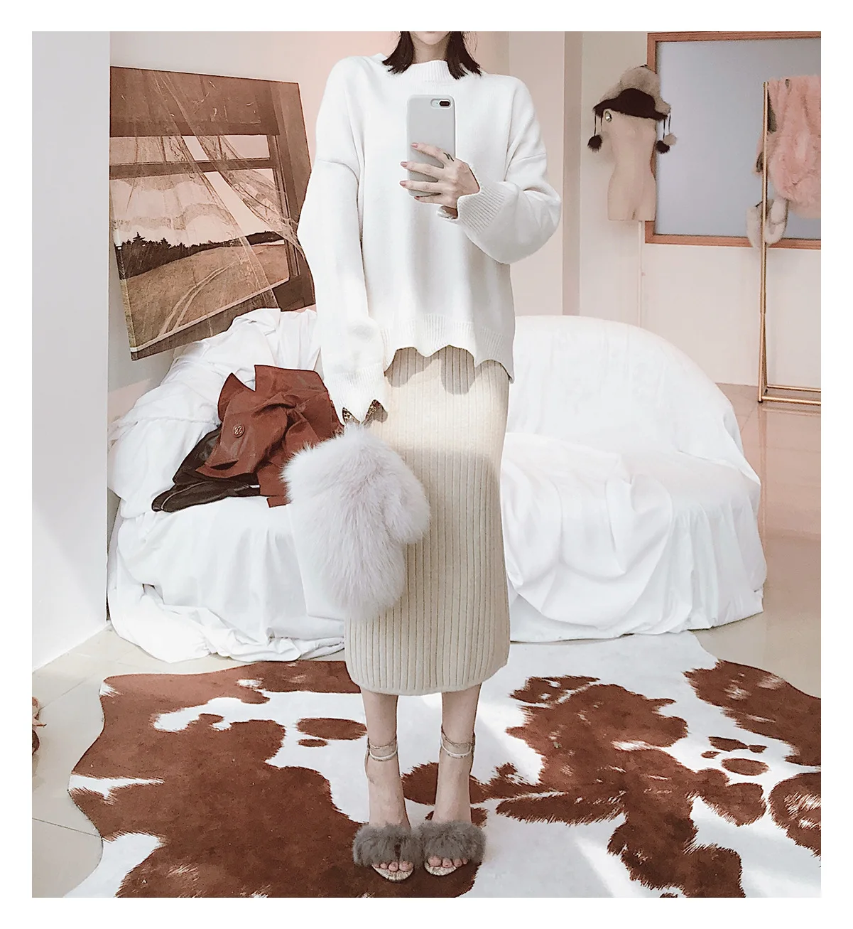 Winter New Women's Wear Korean Solid Color High Waist Open Fork Women's Fur Bag Skirt high waist skirt clothes women