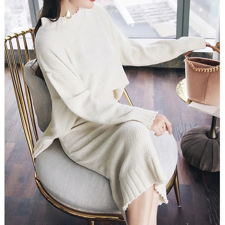 

Pullover Sweater And High Waist Skirt Knitted Two Piece Set Women Outfits Long Sleeve Sweater Skirt Office Suit