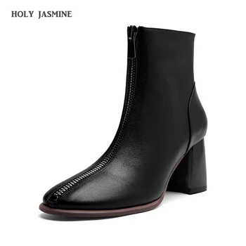 

2020 Spring New Front Zipper Boots Round Toe Genuine Leather 7cm Square Heels Office Ladies Sexy Women Ankle Boots Comfortable