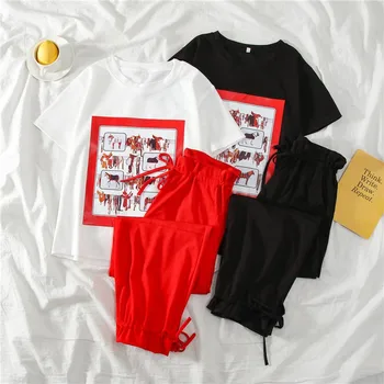 

Harajuku style cartoon tshirt and wide leg pants2 piece sets womens outfits tiktok clothes loose summer 2020 new two pieces set