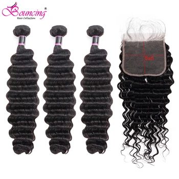 

Bouncing Human Hair Deep Wave Bundles with Closure HD lace closure Remy Hair 3 and 4 Bundles With Lace Closure Hair Extension