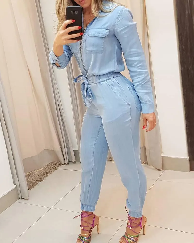 2021 Jumpsuit female long sleeve slim fit lace up waist jumpsuit casual jumpsuits |