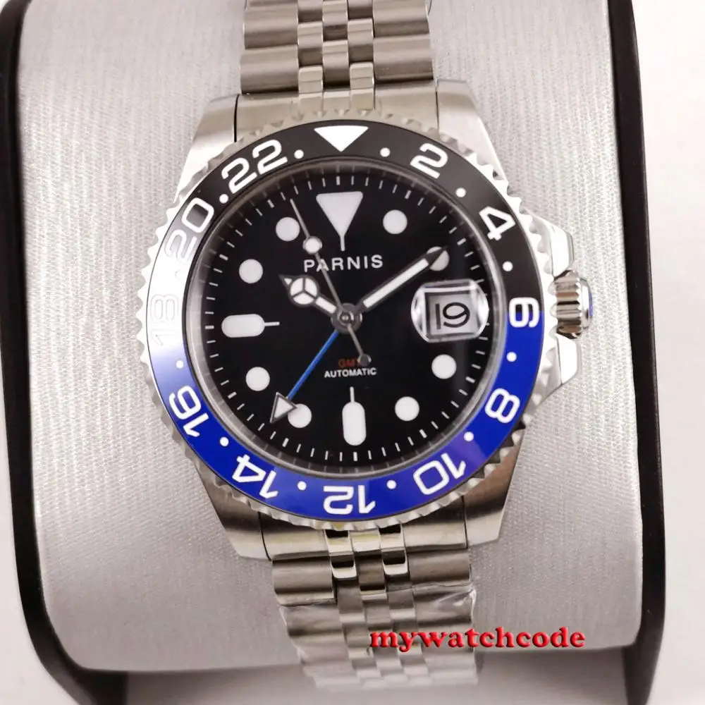 40 мм PARNIS черный циферблат Бэтмен керамический ободок ДАТА GMT автоматические мужские часы юбилейный браслет Сапфир Мужские часы эксклюзивные P1300