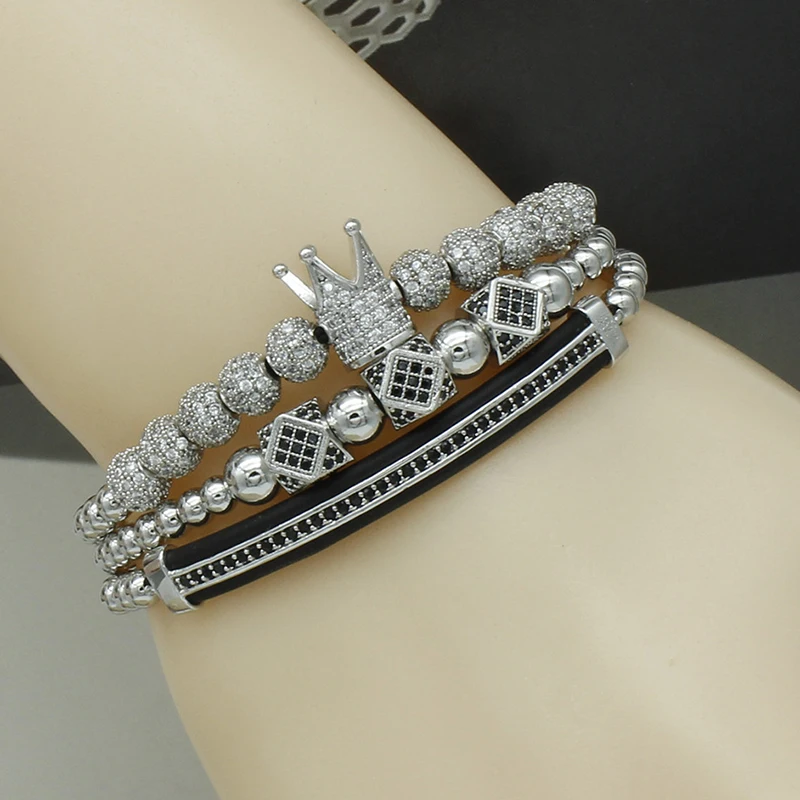 3 шт./компл. панк CZ Micro Pave Корона Бусины Браслет для Для мужчин Для женщин Медь ручной работы из бисера браслет с круглыми бусинами комплект роскошные ювелирные изделия в стиле «хип-хоп»