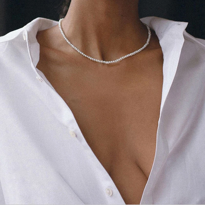 2024 Simple Pearl Beads Chain Choker Necklace Bohemian Statement Clavicle Necklace for Women Collar Pearl Jewelry